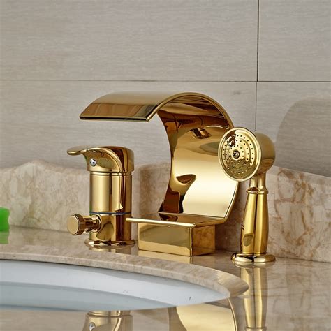 Wholesale And Retail Golden Deck Mount Waterfall Bathtub Faucet Ceramic