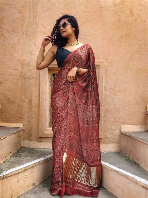 Ajrakh Hand Block Printed Modal Silk Saree With Zari Palla Etsy