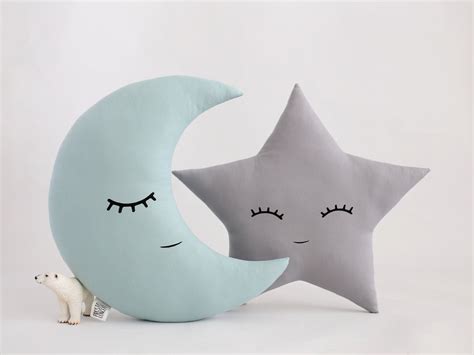 Kids Pillow Set Moon And Star Dusty Mint Crescent Moon Cushion Gray