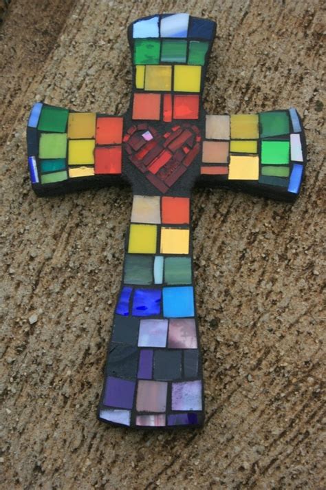 Mosaic Multicolored Cross With Heart In Center
