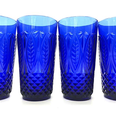 Cobalt Blue Tumblers French Glassware Set Vintage Pressed Glass Tumblers Set Of 4 By