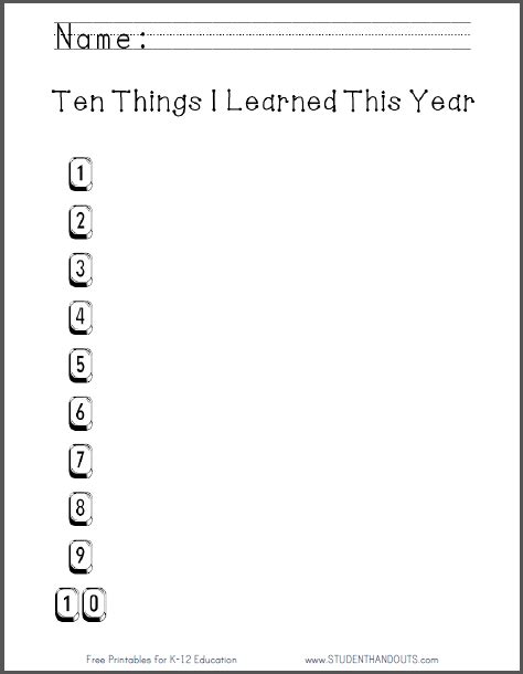 Ten Things I Learned This Year Free To Print Pdf File For