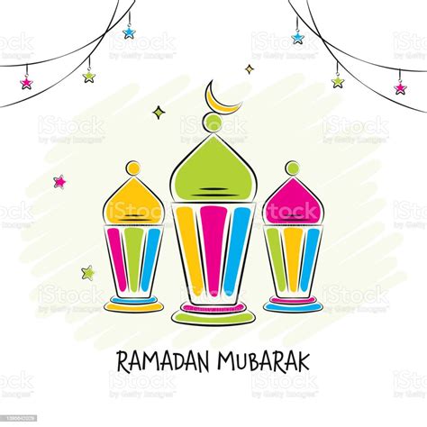 Konsep Ramadan Mubarak Dengan Lentera Warnawarni Vektor Bulan Sabit Dan