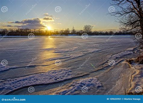 Colorful Winter Sunset On Frozen River Ice Stock Image Image Of