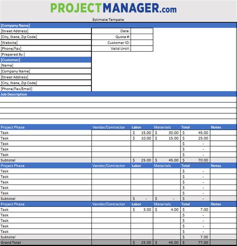 Estimate Template For Excel Free Download Projectmanager