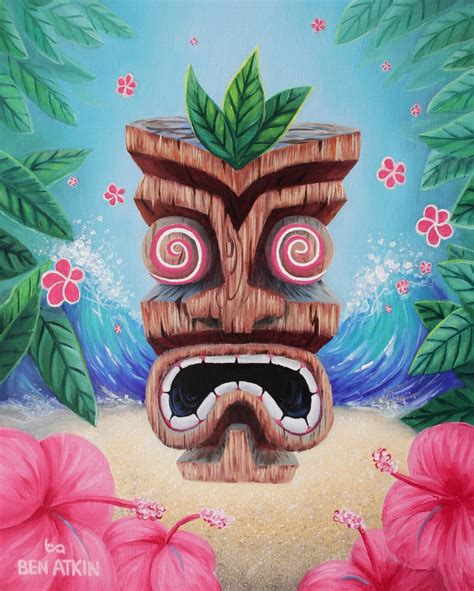 Tiki Hand Painted Original Oil Painting Tropical Ocean Tiki Art Pink
