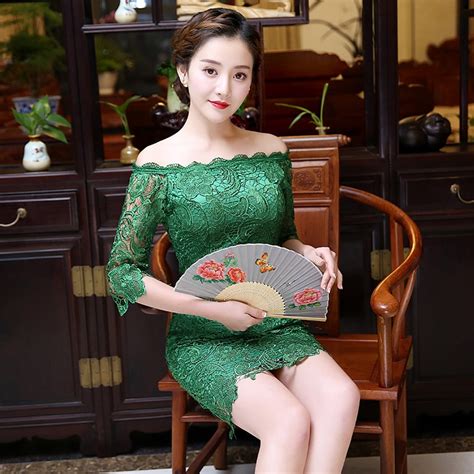 Chinese Female Lace Cheongsam Sexy Mini Qipao Half Sleeve Modern Qipao