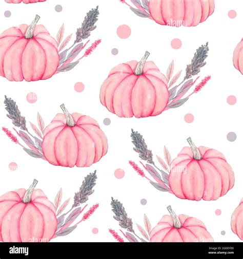 Hand Drawn Watercolor Seamless Pattern Of Fall Autumn Pastel Soft Pink