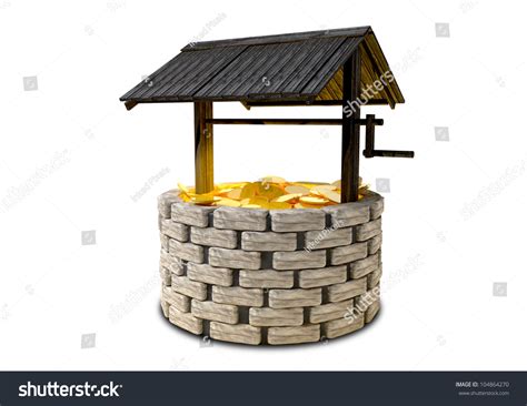 An Old School Brick Wishing Well With A Wooden Roof Covering Filled