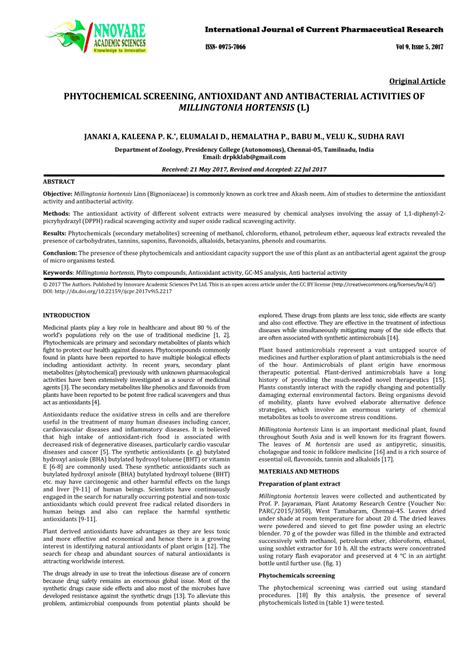 pdf phytochemical screening antioxidant and antibacterial activities of millingtonia hortensis l