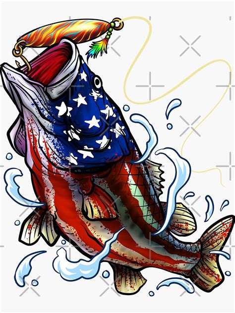 Bass Fishing American Flag Fourth Of July Sticker By Meliafroggy