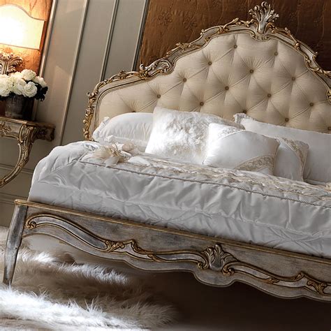 Italian Silver Leaf Rococo Button Upholstered Bed Juliettes Interiors