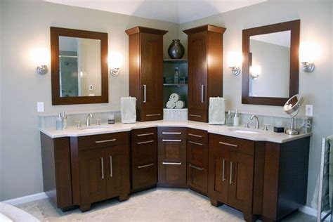 Cherry Wood Bathroom Large Corner Vanity With Two Wall Cabinets And