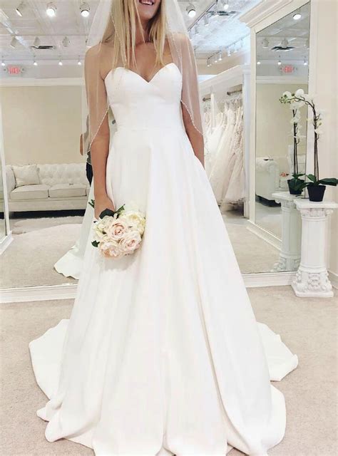 A Line Simple White Satin Sweetheart Wedding Dress With Pocket