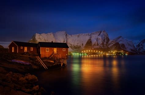 4k 5k 6k Reine Lofoten Norway Houses Mountains Night Bay Hd