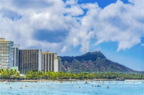 Colorful Waikiki Beach Surfers Swimmers Diamond Head Honolulu Hawaii