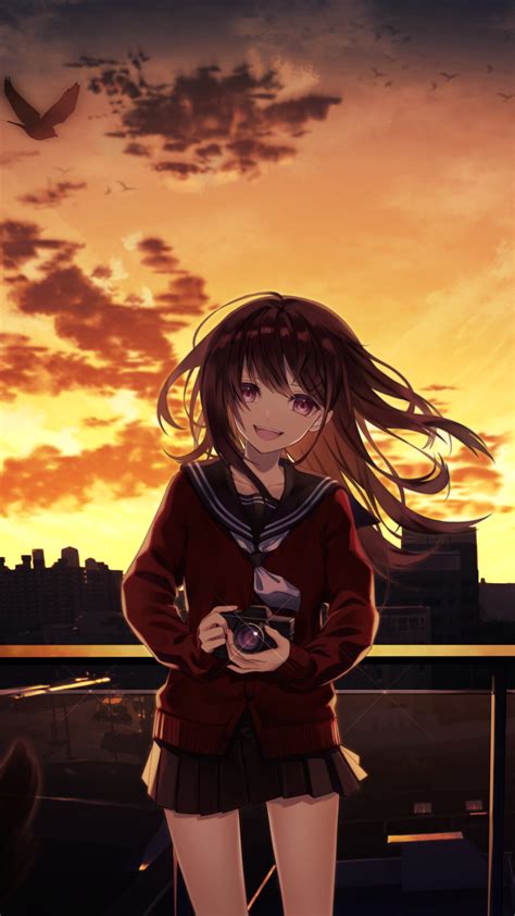 1080x1920 Smiling Anime Girl Taking Photographs Cityscape 4k Iphone 7