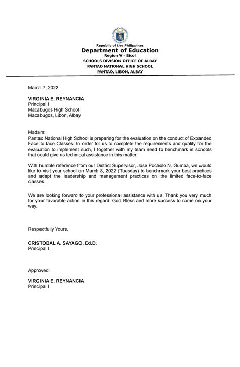 Letter For Benchmarking Republic Of The Philippines Department Of