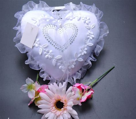 Heart Rhinestone Bridal Ring Pillow Lace Chiffon Wedding Ceremony Satin
