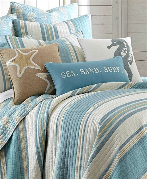 Blue Beach Striped Bedding Quilt Set With Seahorse Motif Beach Themed