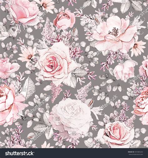 Seamless Pattern Pink Flowers Leaves On Stock Illustration