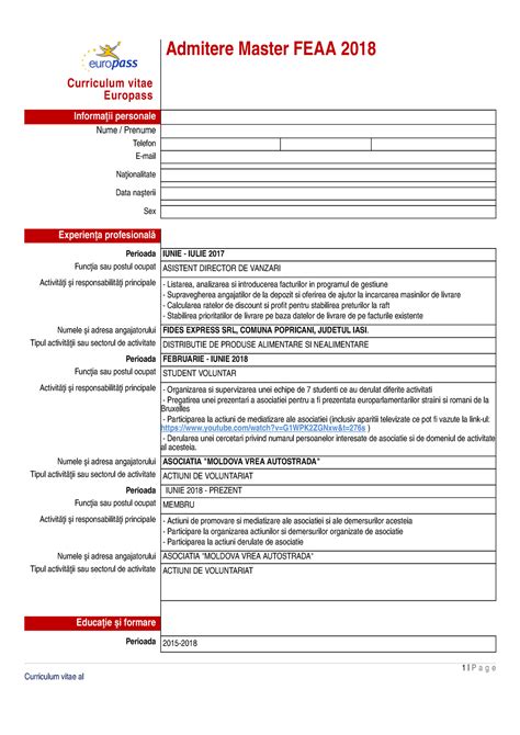 Moel C V Europas In Limba Romana Model Cv Europass Curriculum