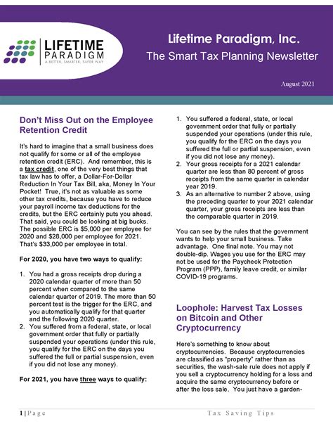 The Smart Tax Planning Newsletter August 2021 Lifetime Paradigm