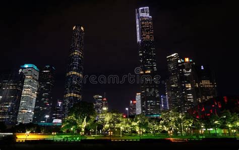 Chinese Guangzhou Night Illuminated City Business Center With Ultra