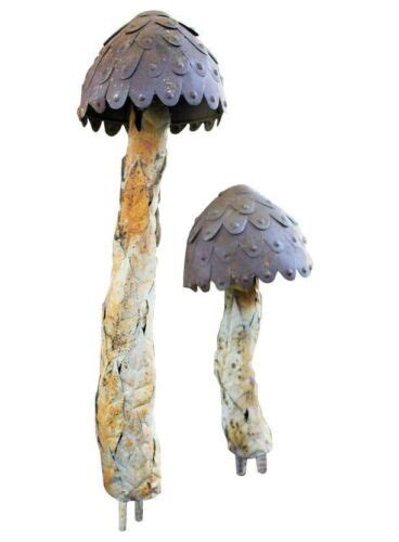 Rustic Mushroom Garden Stake Set Metal Yard Art Statue Sculpture ~ Set