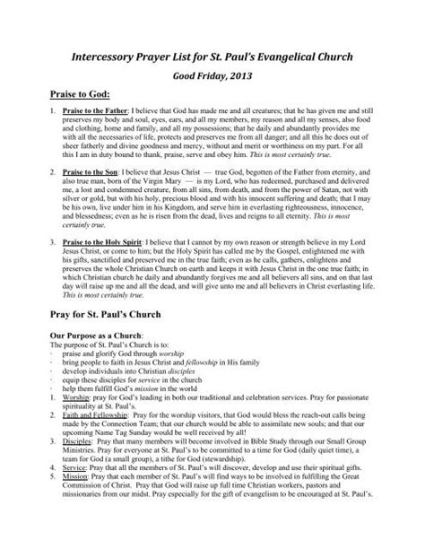 Intercessory Prayer List For St Pauls Evangelical Church