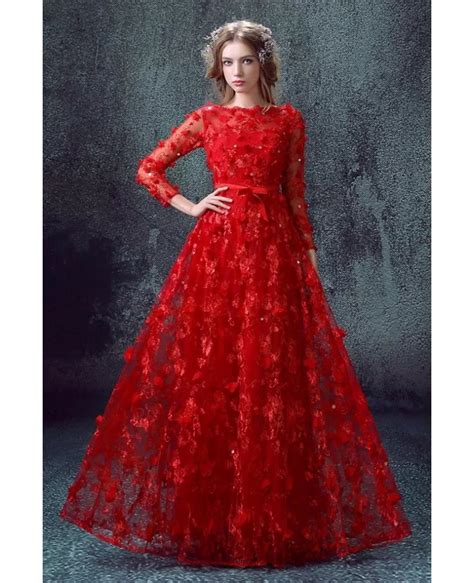 Vintage All Lace Red Prom Dress Long With Floral Beading Agp