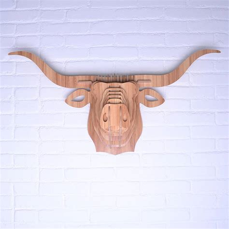 Wooden Animal Trophy Head Long Horned Cow By Myhaus