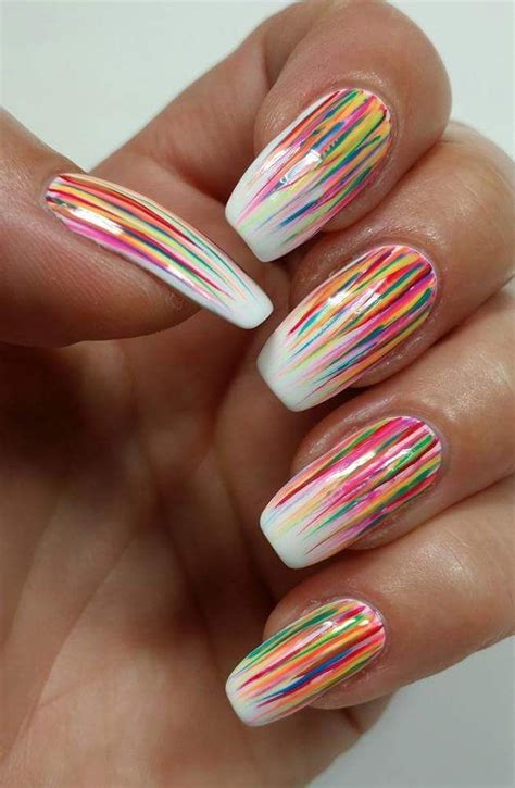 Streaks Of Colors On White Nail Polish For Summer On Coffin Nails