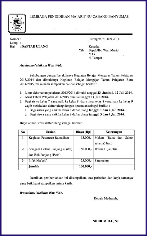 Surat Pemberitahuan Daftar Ulang Siswa Bangnidd File