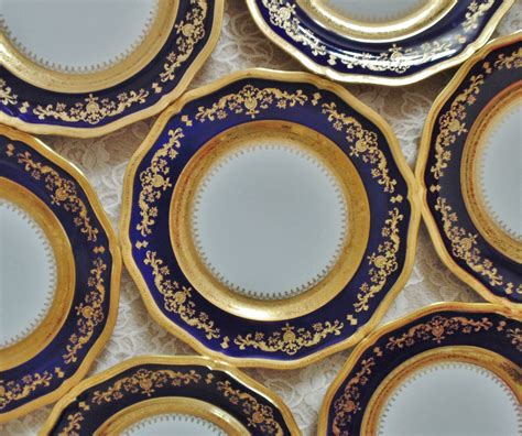 8 French Limoges Cobalt Blue Gold Encrusted Dinner Cabinet Plates Set