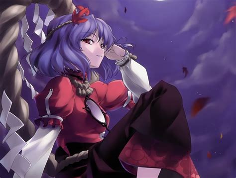 Clouds Touhou Night Purple Goddess Purple Hair Red Eyes Short