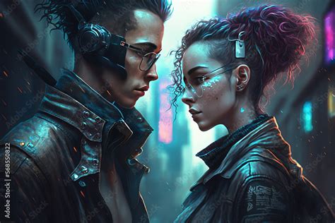 ภาพประกอบสต็อก Cyberpunk Character Art Couple In Cyberpunk City Man