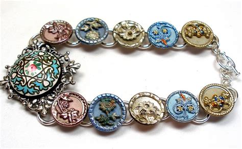 Antique Button Bracelet French Victorian Flowers In Pink And Etsy