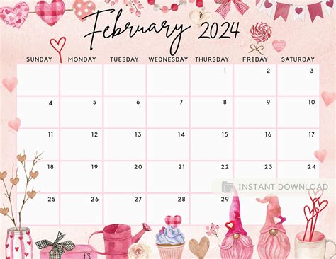 February 2024 Calendar Lovely And Sweet Love Gnome Cute Hearts Printable