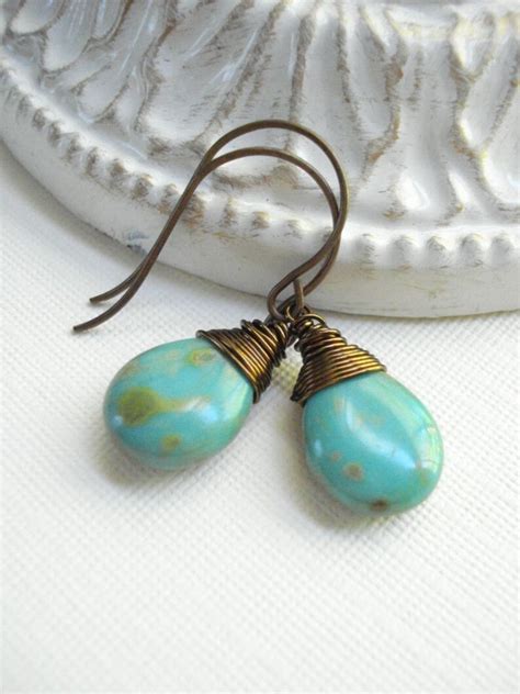 Turquoise Teardrop Earrings In Antique Brass Wire Wrapped Etsy