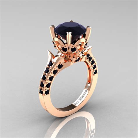 Matte hammered inlay wedding ring. Classic French 14K Rose Gold 3.0 Carat Black Diamond ...