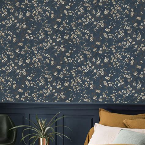 Rasch Floral Blossom Wallpaper Paste The Wall Vinyl Navy Yellow Gold