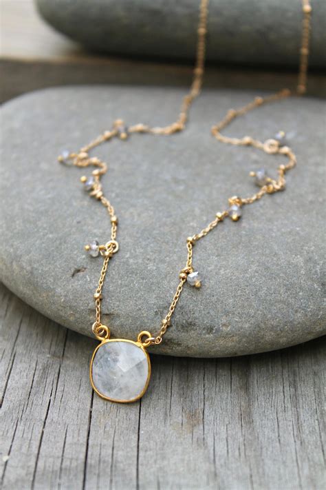 Moonstone Necklace 14k Gold Filled Square Gemstone Pendant Etsy