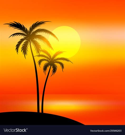 Beach Scene With Sunset And Palm Tree Royalty Free Vector