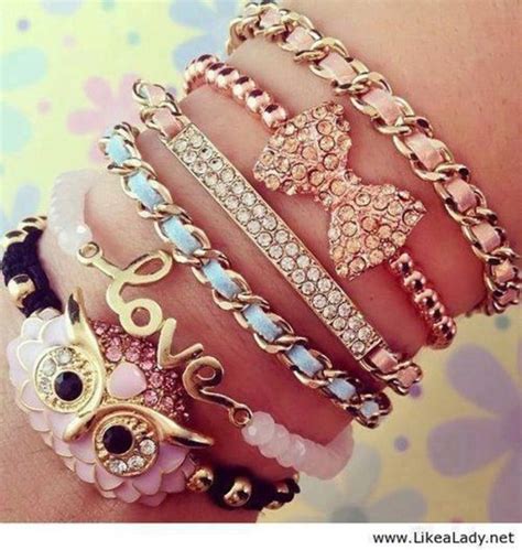 jewels bracelets pink chain blue bow owl love cute bracelets style stacked bracelets