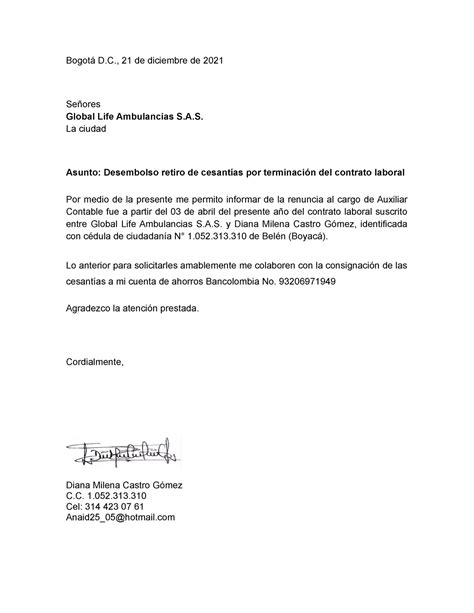 Carta Retiro Cesantias Bogotá D de diciembre de Señores Global Life Ambulancias S A