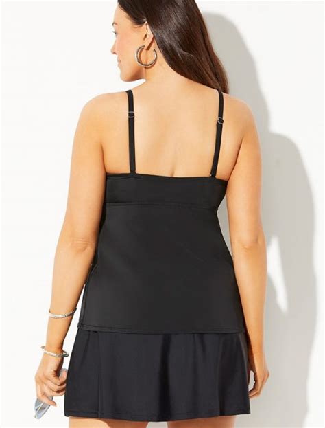 Plus Size Black Cup Sized Tie Front Underwire Tankini With Side Slit Skirt