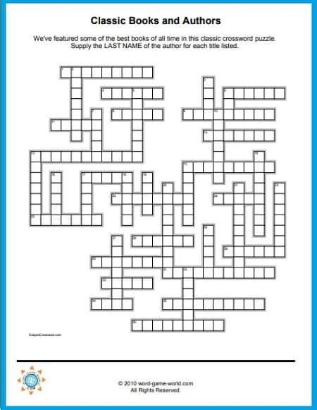 Free Crossword Puzzles To Print Classic Books And Authors Crossword