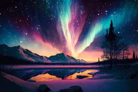 Colorful Aurora Bore Lights Up The Sky Over Lake And Mountains
