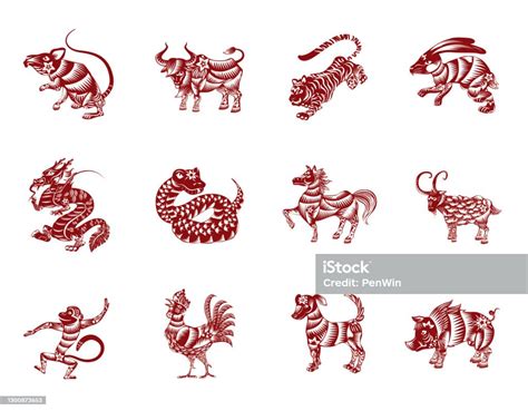 Set Hewan Zodiak Cina Dalam Warna Merah Dan Putih Ilustrasi Stok